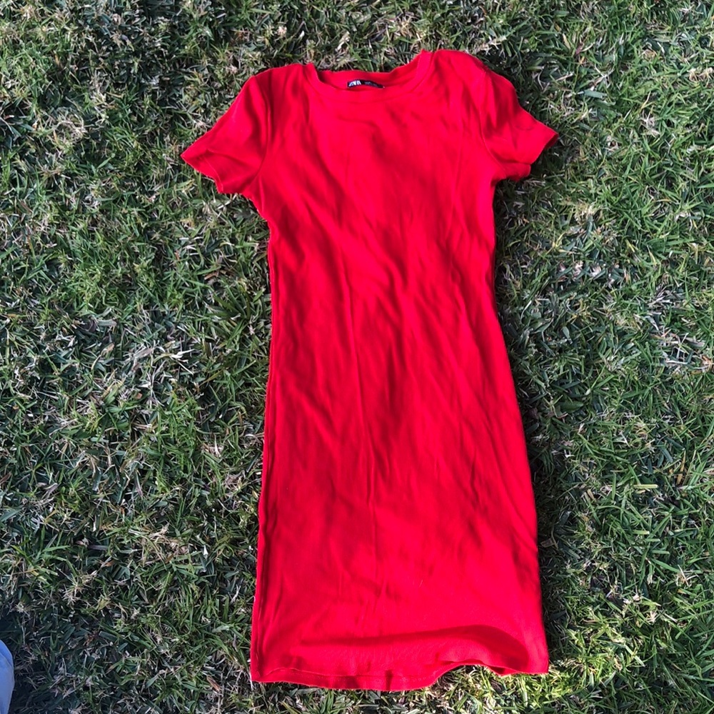 Red form fitting T-shirt dress